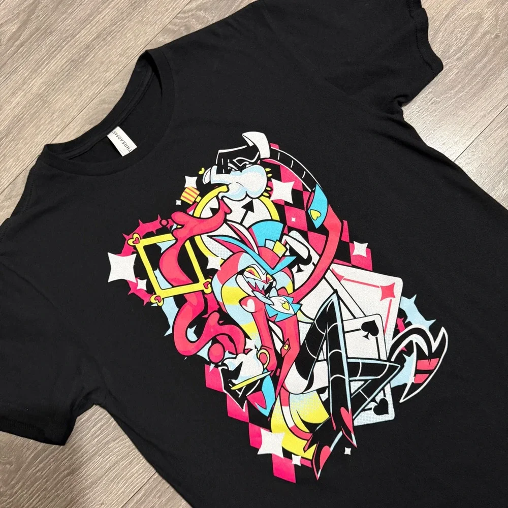 100% Cotton Helluva Boss Fizzarolli Graphic T-Shirt Black Slim Mens M Clown